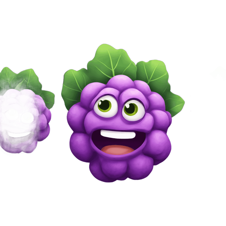  Cheerful purple cauliflower with vibrant green leaves, a cute face with big expressive eyes and a friendly smile, styled in a cartoonish and playful design. emoji