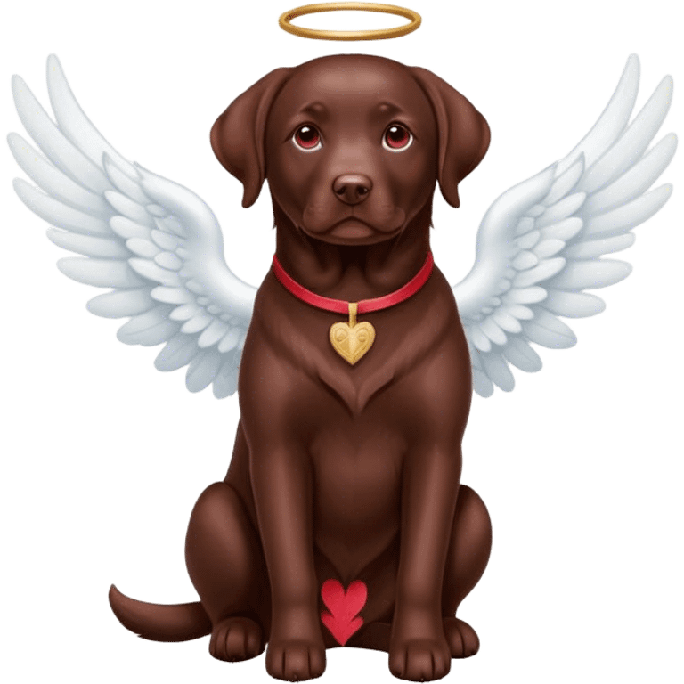 Chocolate Labrador with red color and white angel wings. Dog sits show full body. emoji