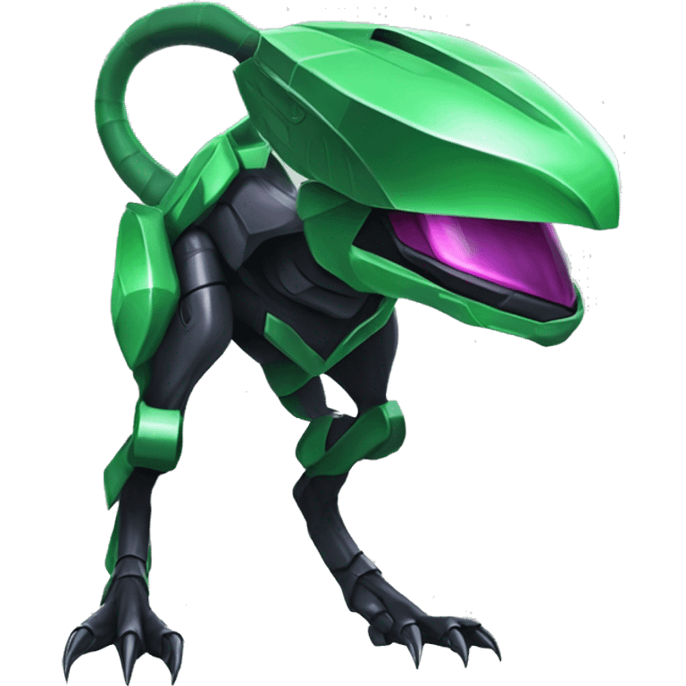 a shiny black-green Genesect-Raptor-Fakémon—hybrid with a futuristic visor-helmet full body emoji