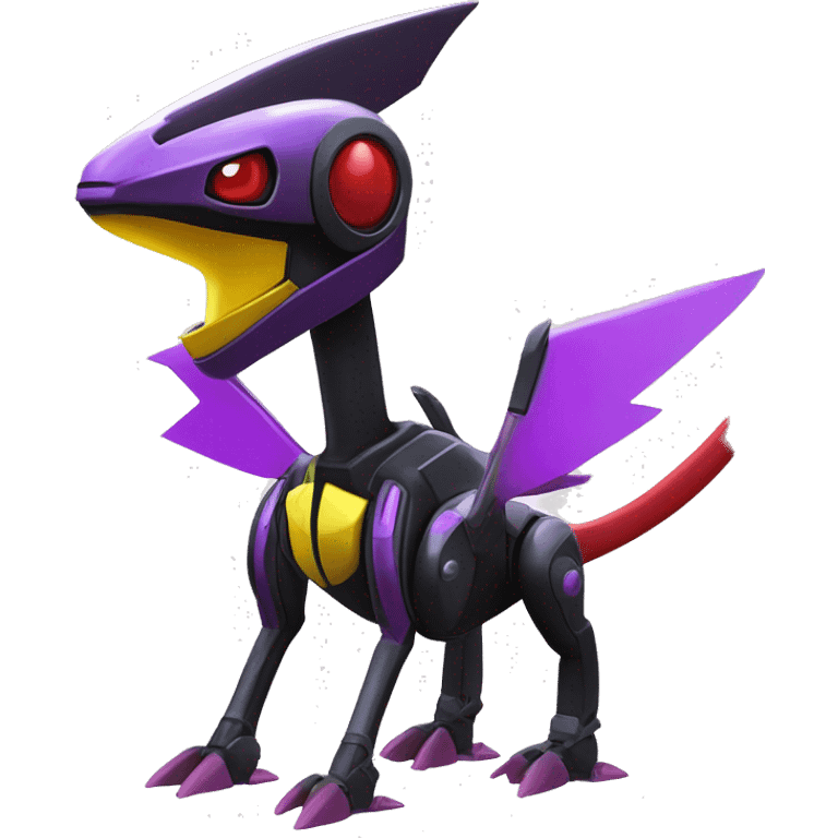 a shiny black-purple-red-yellow Genesect-Flygon-Raptor-Fakémon-Medabot-hybrid with a futuristic visor-helmet full body emoji