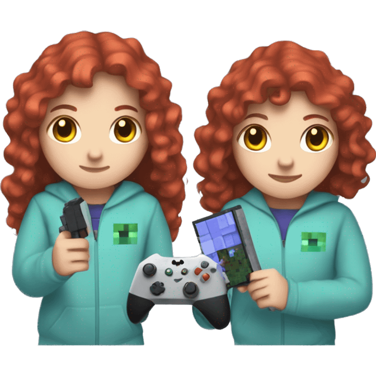 a white girl with long red curly hair, wearing periwinkle Minecraft hoodie holding a controller emoji