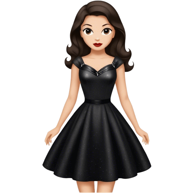 Beautiful woman in 1950’s woman fashion look, black shimmery dress, long dark brown hair, Carbonara emoji