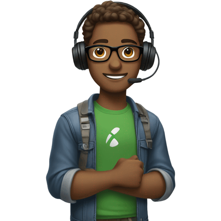 Brown skinned guy with glasses holding Xbox controller and wearing gaming headset emoji