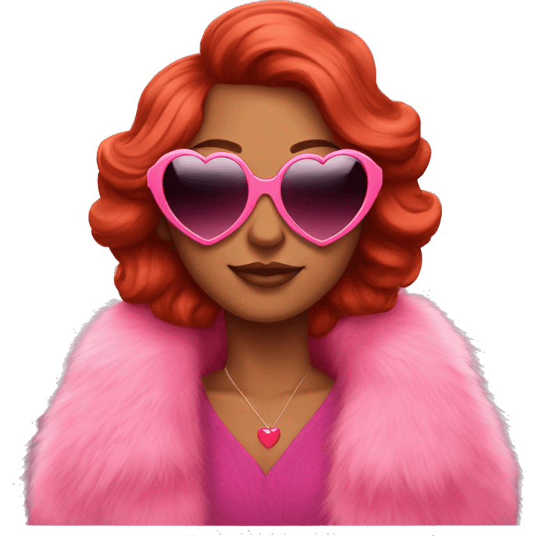 Red hair brown skin wearing pink fur coat and heart shaped sunglasses emoji