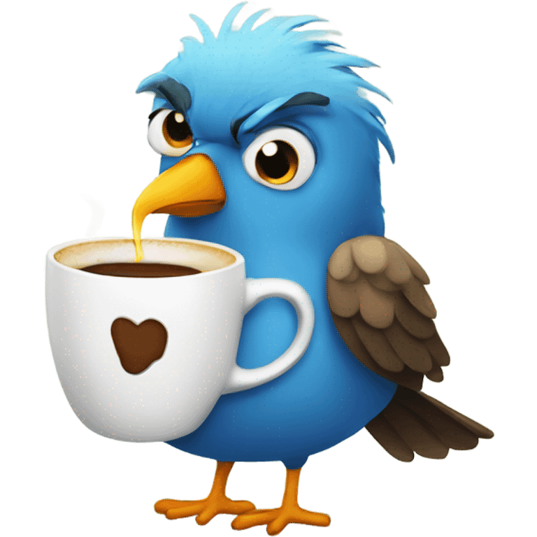 Cartoon bird drinking coffee with underwear on emoji