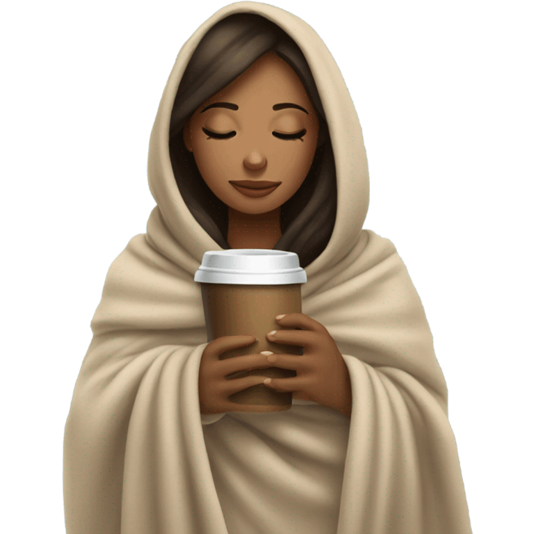 Brunette girl inside a blanket sipping coffee eyes closed emoji