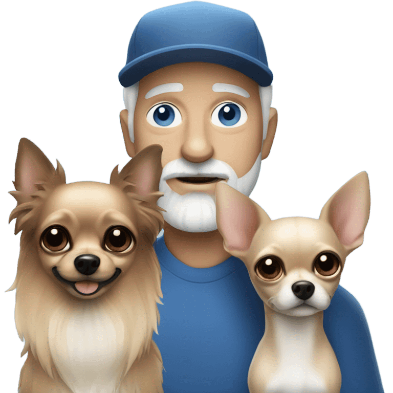 Blue eyed Old man with goatee beard ball cap holding long haired black chihuahua emoji