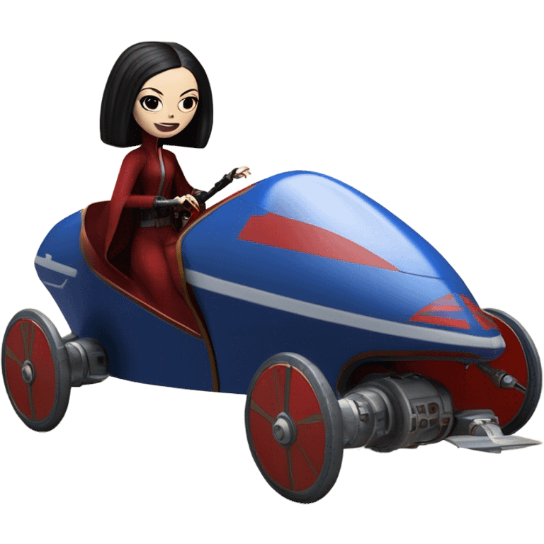 Jedi teen Morticia Addams flying a red and blue Zephyr-J Jumpspeeder anti-gravity repulsorlift powered by an imperial speeder steampunk  emoji