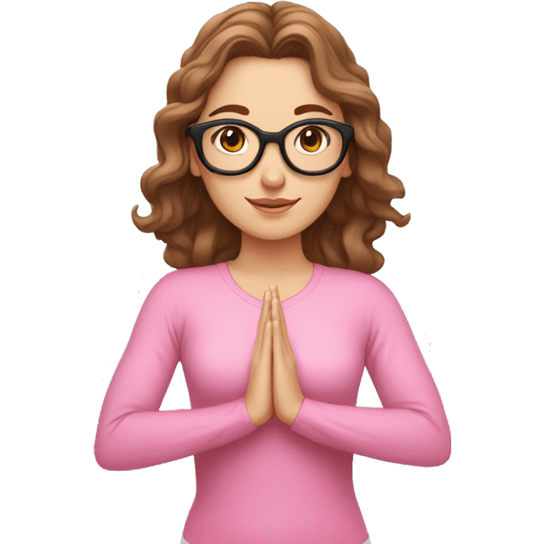 White girl dressed in pink and white, with wavy brown hair, brown eyes and black glasses doing yoga emoji