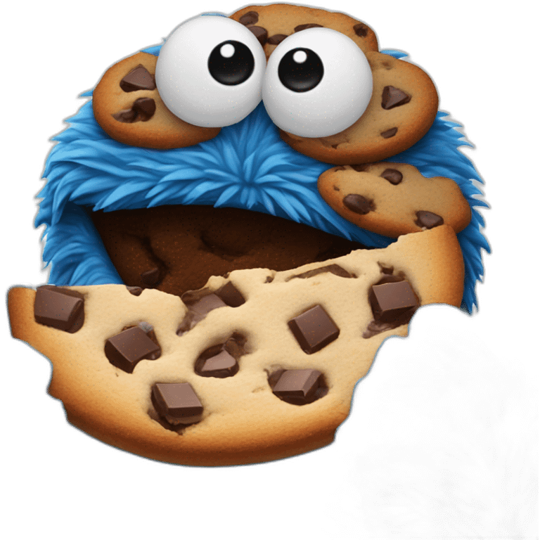 Rounded face emoji of Cookie Monster eating a chocolate chips cookie emoji