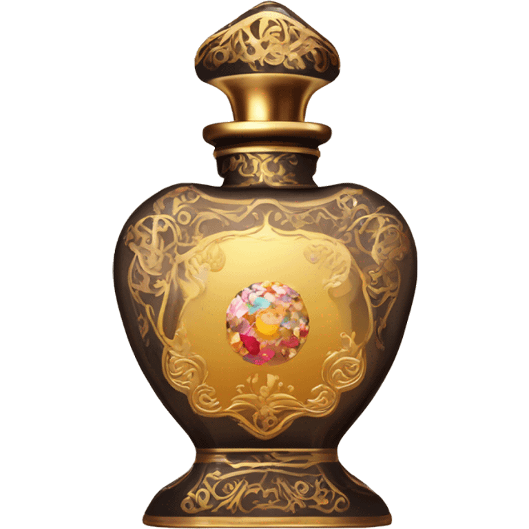 An antique perfume bottle in oriental style, oil perfumes inside, sequins and flowers flying around emoji