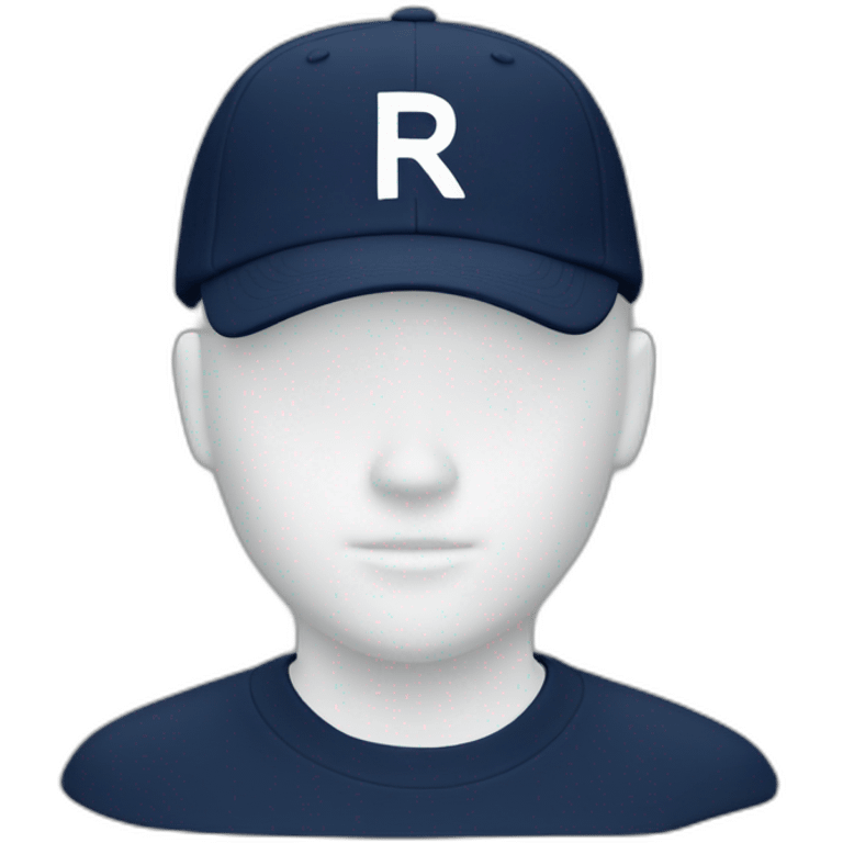 a navy baseball cap with a small white letter R on the front emoji