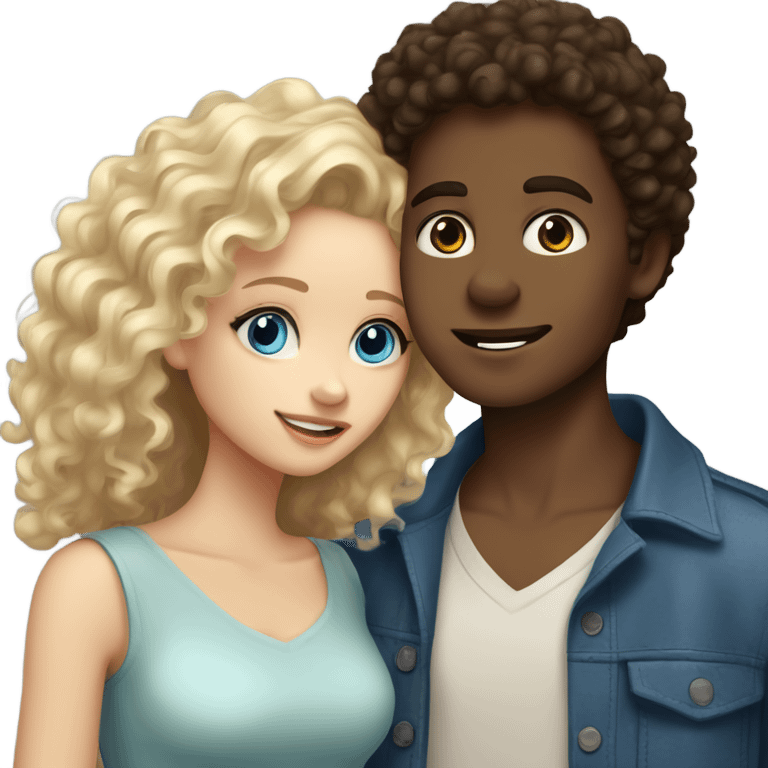 dark brown haired boy with fluffy hair and with brown eyes and light skin kissing a blonde curly haired girl with blue eyes emoji