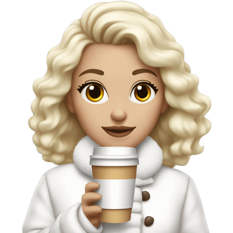 blonde girl wearing white fluffy jacket and a coffee to go in hand all dress white and a white bow on hair emoji