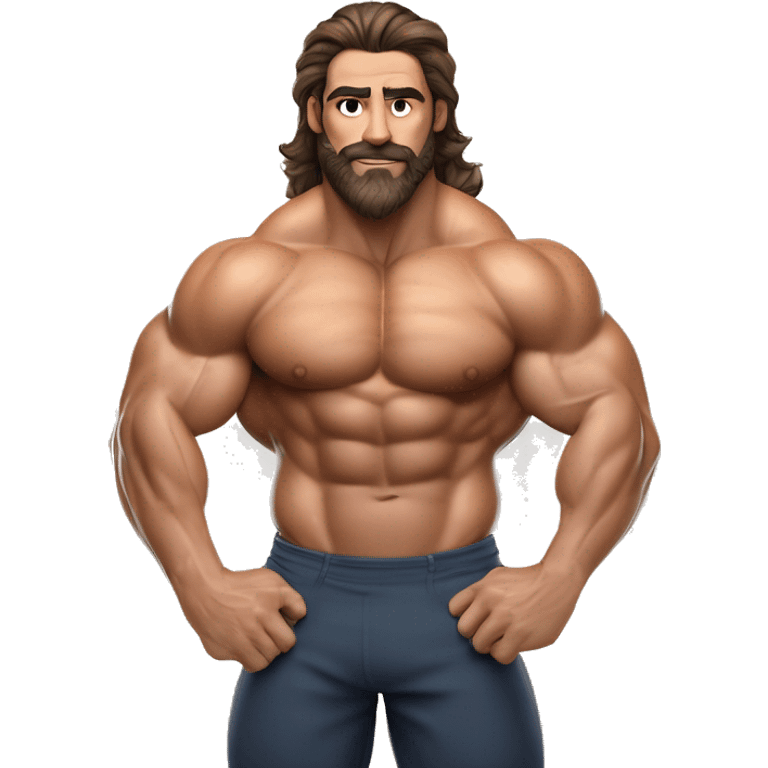 muscled hairy bodybuilder brown hair beard,enormous pecs and enormous biceps, long wavy hair in a man bun, with dark brown eyes, and tanned skin, full body from head to toes picture, flexin both biceps, hairy body, wearing, bodybuilding posing swimsuit emoji