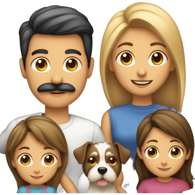 Familia de 4 personas madre, joven con bigote adolescente, niña adolescente y un perro yorkshire emoji