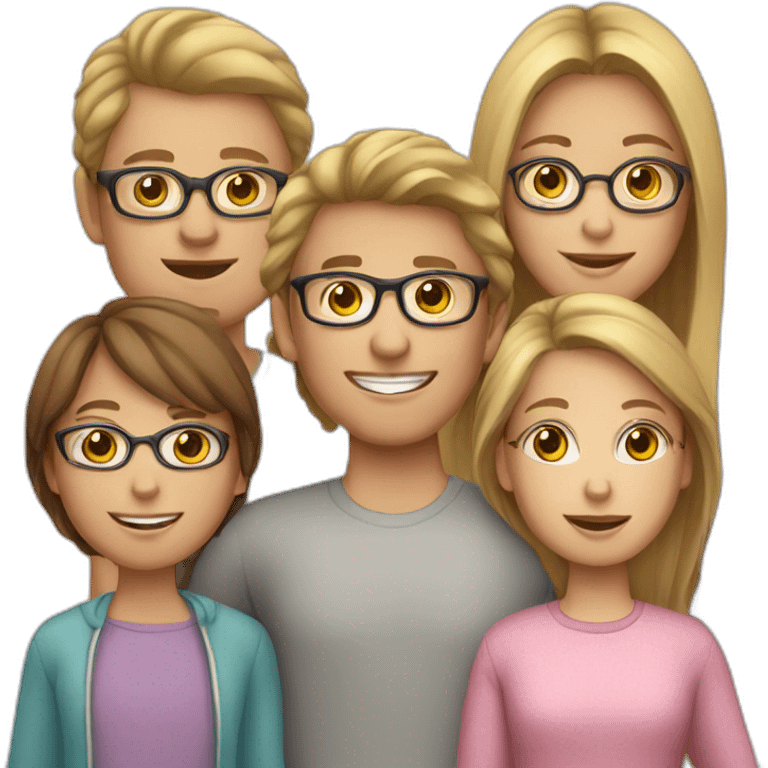 White family of 4, brown hair mom, brown hair boy, 2 girls with glasses and long blond hair emoji