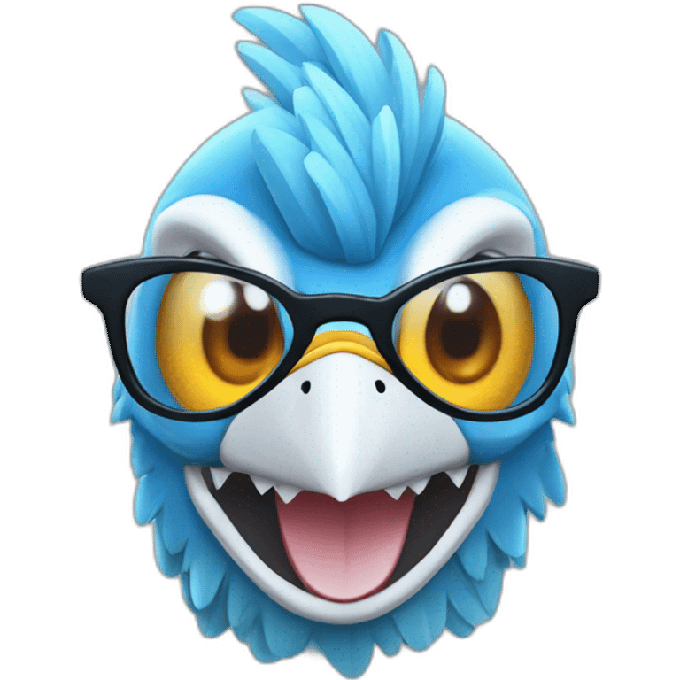 Crazy funny Articuno head with human white teeth and beautiful smile wearing glasses and hat emoji