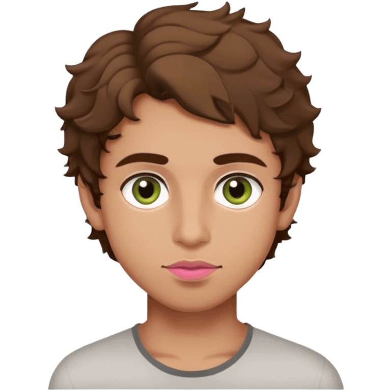 Pakistani boy  with hazel green eyes, brown hair slightly curly, and olive skin and masculine face, and pink lips and no makeup emoji