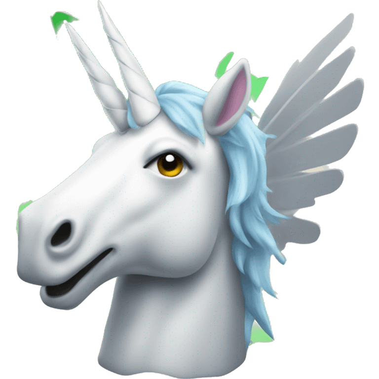 a unicorn with wings that has dollar note stuck on it's horn emoji