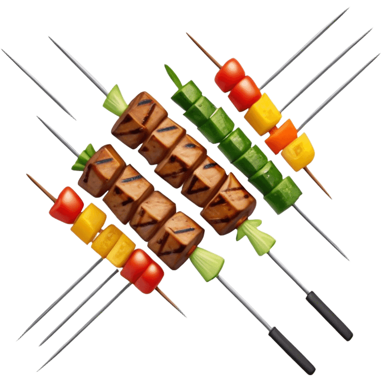 Cinematic Realistic Shish Kebab Dish Emoji, showcasing skewered, grilled meat with vibrant vegetables rendered with dynamic textures and warm, inviting lighting. emoji