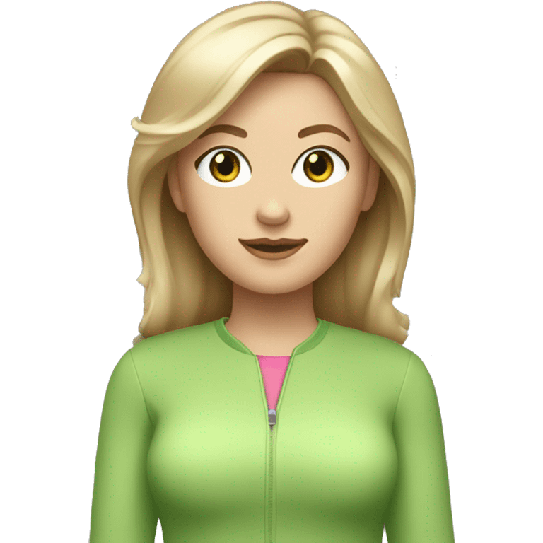 White woman dark blond hair  pink  full body jumpsuit with light green eyes emoji