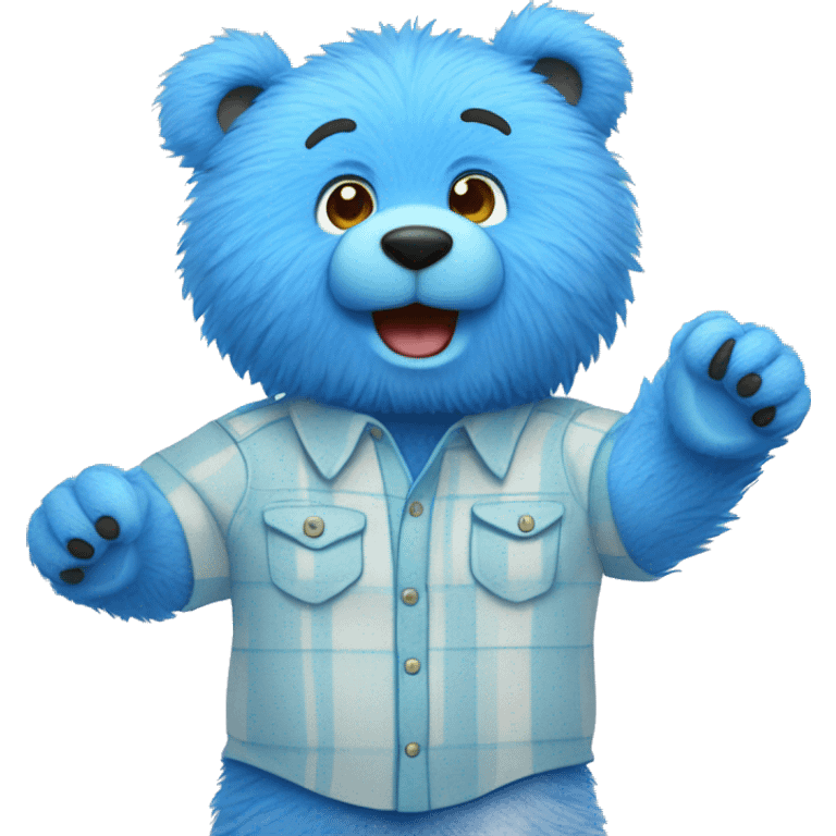 Blue fuzzy bear wearing button up shirt and waving hi emoji