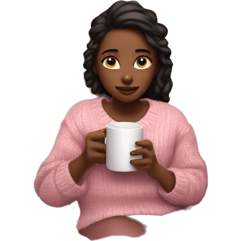 Christmas chill vibes girl on bed and wearing a pink sweater under it is a white shirt and she is watching tv and drinking hot chocolate  emoji