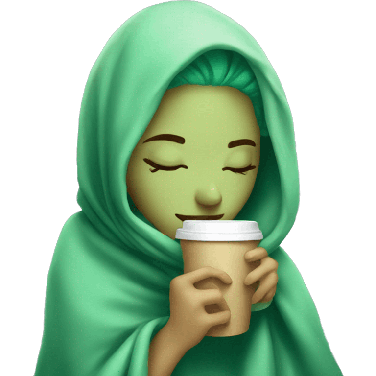 girl with green hair inside a blanket sipping coffee eyes closed emoji