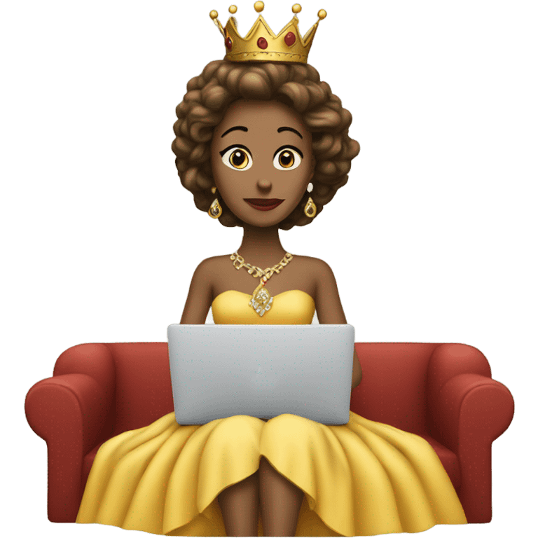 queen seating looking forward on a mac laptop and show her dress emoji