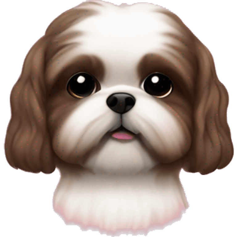 All brown shih tuz with brown spots inside of a pink tote bag  emoji