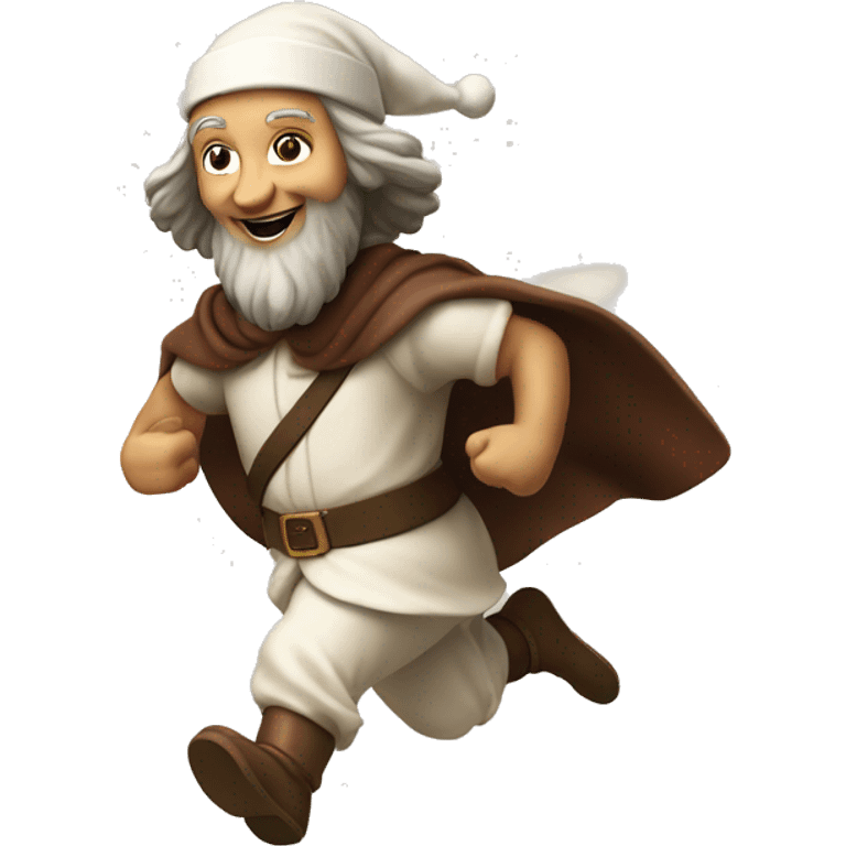 Leonardo Da Vinci running, with a large stride and arms outstretched, in a santa costume emoji