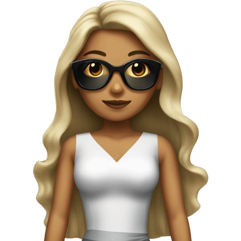 A girl with tan skin and long hair with black sunglasses and a fancy dress  emoji