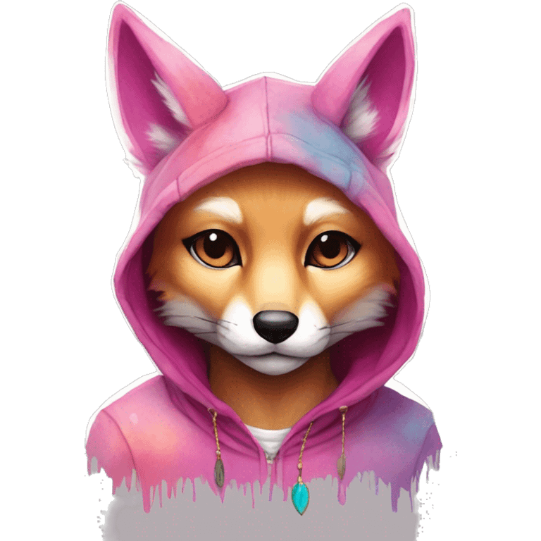 Pink magenta burgundy maroon cyan beige gray fox wearing a pink hoodie with gold jewellery gold piercings gold ear piercing gold nose piercing vintage watercolour tie dye black raven wings emoji