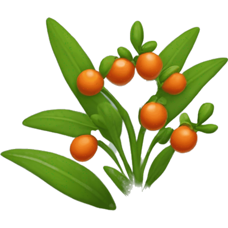 Create an emoji of a plant with a thin, slightly hairy green stem and oval, dark green, serrated leaves in opposite pairs. Add small greenish-yellow star-shaped flowers and round, reddish-orange berries at the leaf axils. emoji