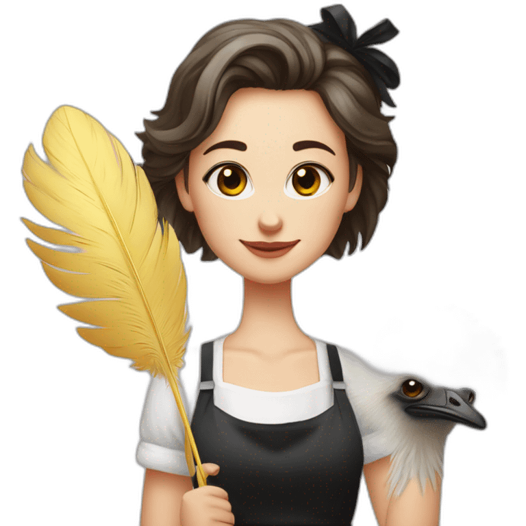 Slavic girl in a white T-shirt and a black apron holds ostrich feathers for dusting emoji