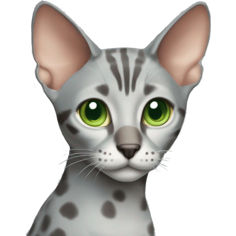 Short-haired oriental cat ,full body , grey blue coat with spots , green eyes , terracotta nuzzle emoji