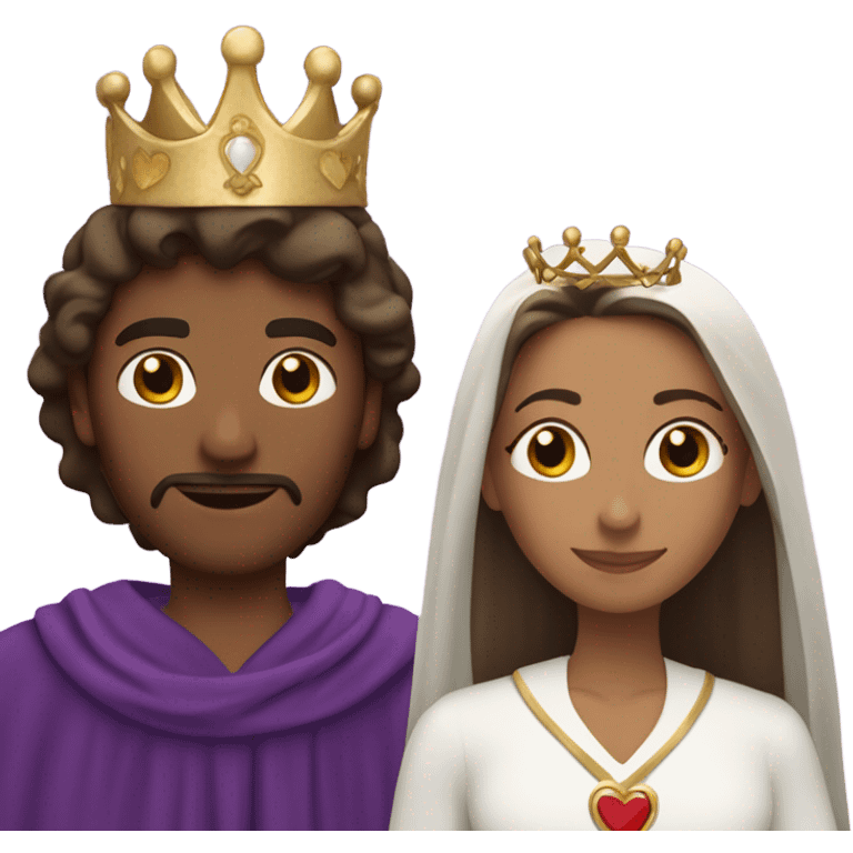 Caucasian long  brunette woman wearing formal royal purple robes and a crown whose face shows hearts to the man she adores  emoji