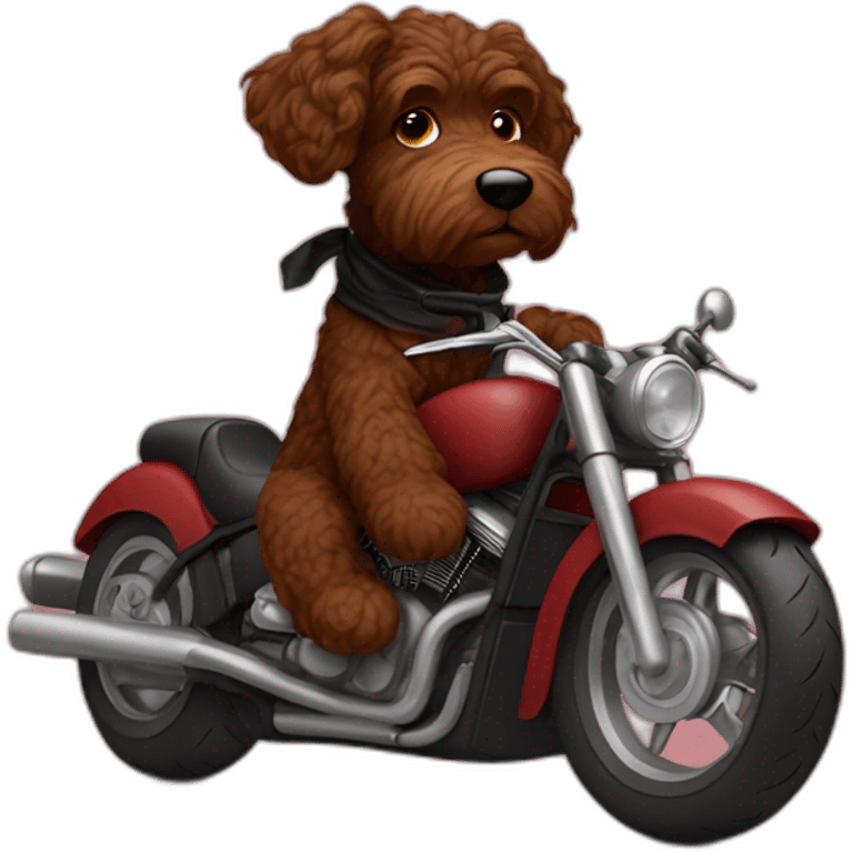 A chocolate brown doodle with wavy fur wearing a red and black handkerchief riding a motorcycle emoji