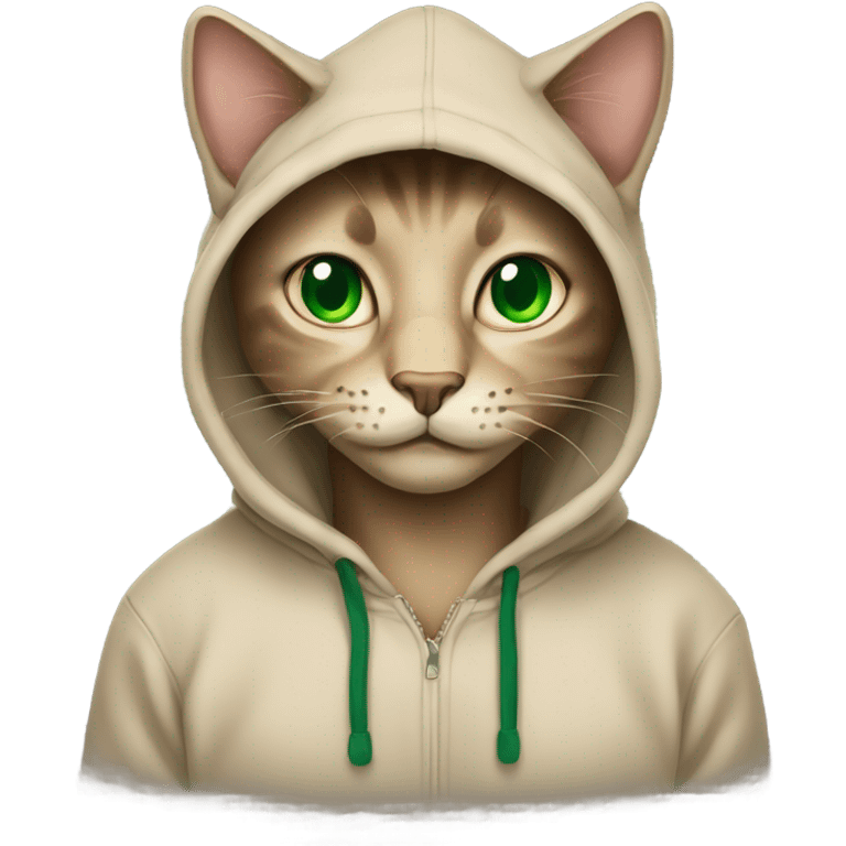 Bkack cat green eyes wearing beige hoodie emoji