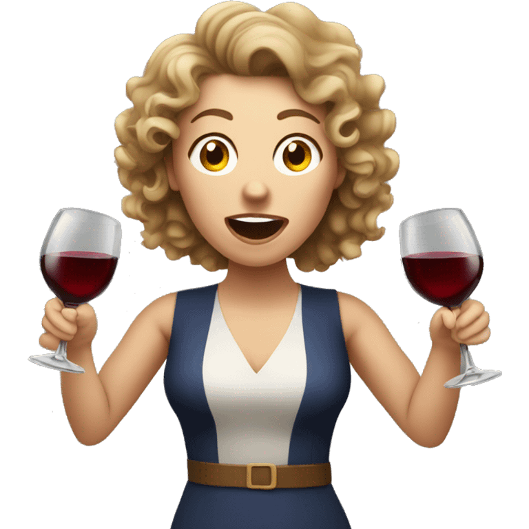 White Woman with curly brown hair drinking wine shouting emoji