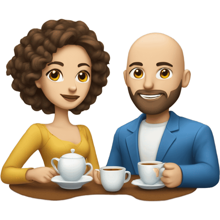 Bald man with beard and long brown haired woman with blue eyes  having a tea Time  emoji