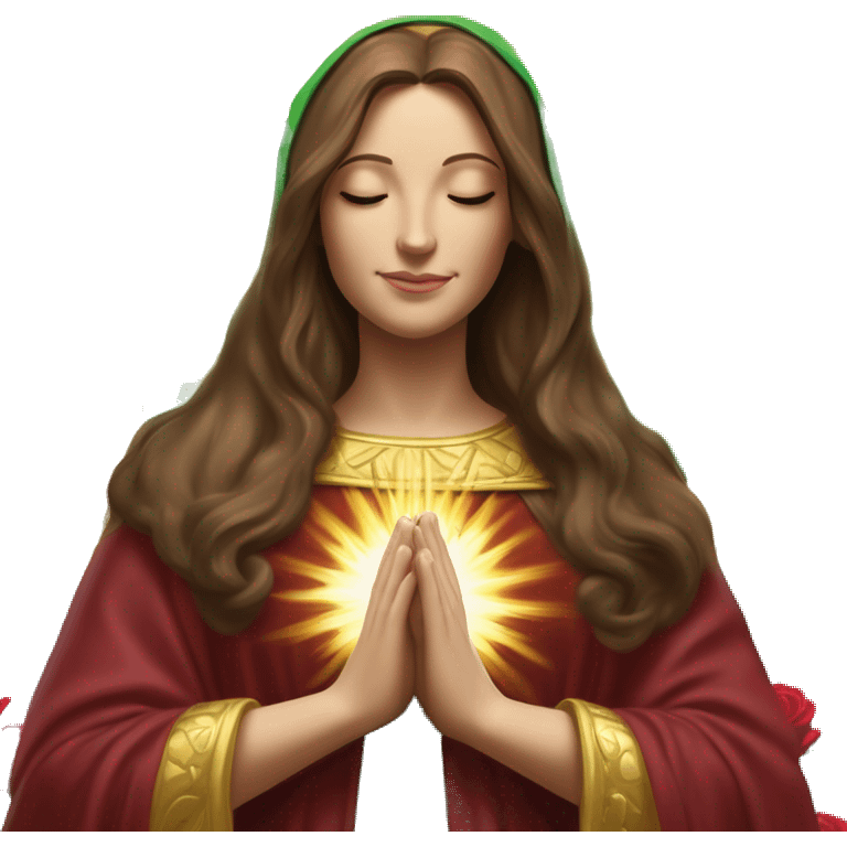 Virgin Mary: kind face looking down at the left, long brown hair, Wearing an emerald green  robe with gold stars and a burgundy red dress,  Hands in prayer or blessing. Halo around her head. standing in front of a big sun. colorful roses on the sides  emoji