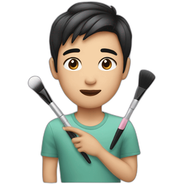 a Asian boy using holding make up tools emoji