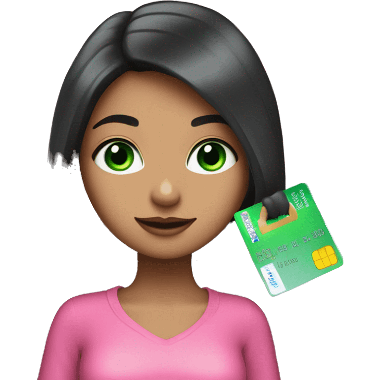 girl with very long black hair and green eyes and pink outfit holding credit card and shopping bags emoji