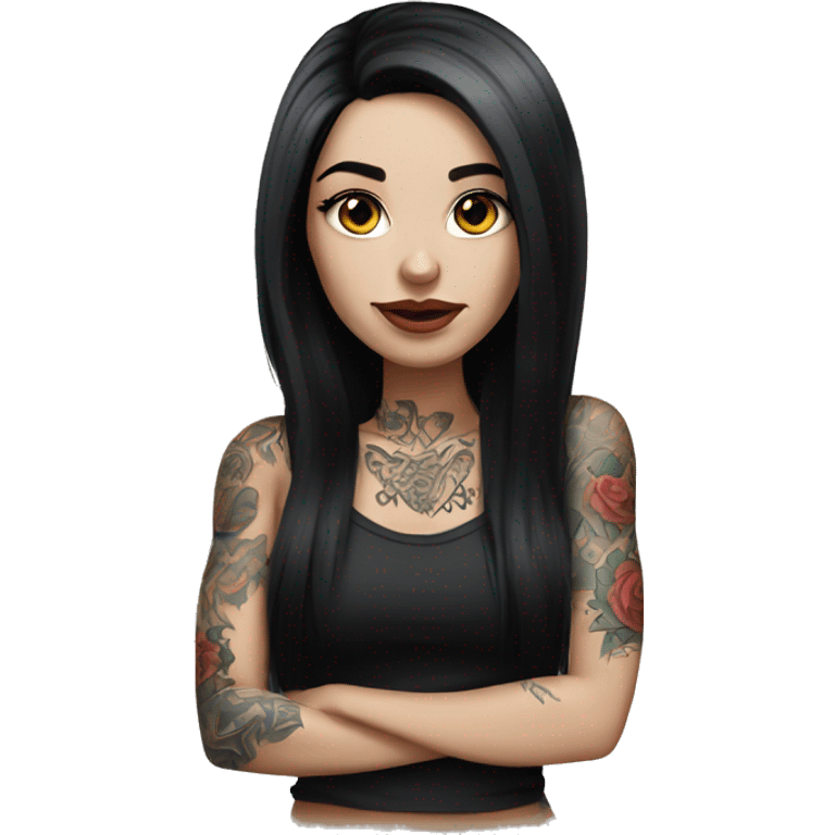 Beautiful girl with white skin, long black hair and tattoos emoji