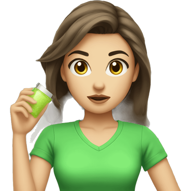 angry face with brunette hair and make it attractive and a girl and with green clothes on and holding skincare products emoji