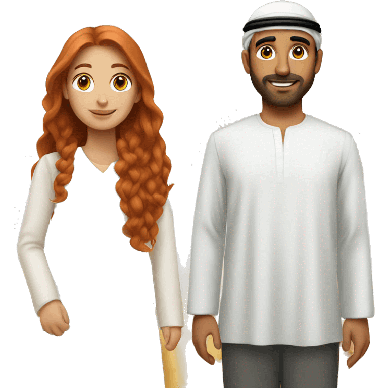 A wheat-haired woman with long red hair with a long white Emirati husband emoji