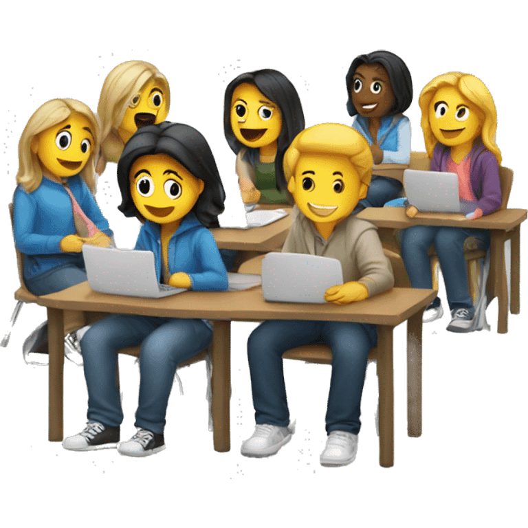 students sitting on desks and chatting emoji