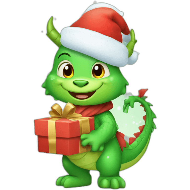 happy little green cartoon dragon of child, in winter, in work pants, in work clothes, in winter boots, in a Santa Claus hat, New Year emoji